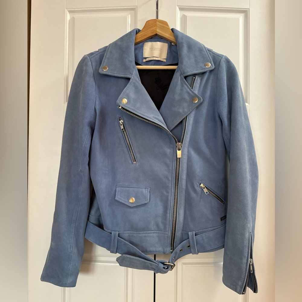 Scotch & Soda Suede Biker Jacket in XS size in Sky Blue.